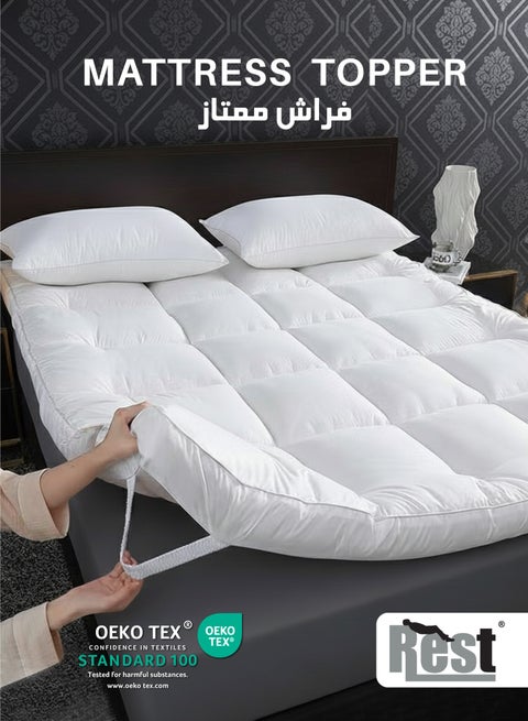 REST Mattress Topper 180x200+5cm Thick 600GSM Filling and Plush Brushed Fabric with 4-Side Elastic Bands for Secure Fit White Extra Thick Bed Topper Fluffy Super Soft Topper